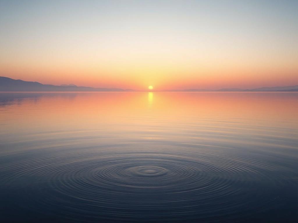 An inviting and calm landscape featuring a peaceful lake at sunset, with gentle ripples on the water's surface. The image captures the essence of tranquility, inviting the viewer to experience the serene environment while listening to soundscapes that promote relaxation and personal transformation.