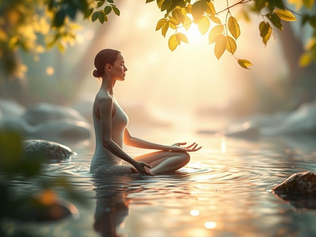 A serene and tranquil scene of a person meditating in a peaceful environment, surrounded by soft natural elements like gentle flowing water and warm sunlight filtering through leaves. The subject is in a meditative pose, exuding calmness and serenity, with a soft focus background enhancing the peaceful atmosphere.