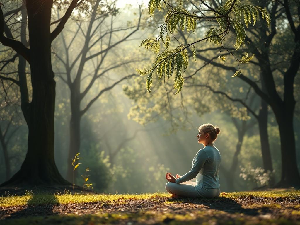 A serene setting with a person meditating peacefully, surrounded by nature, soft light filtering through trees, calm atmosphere, reflecting tranquility and inner peace.