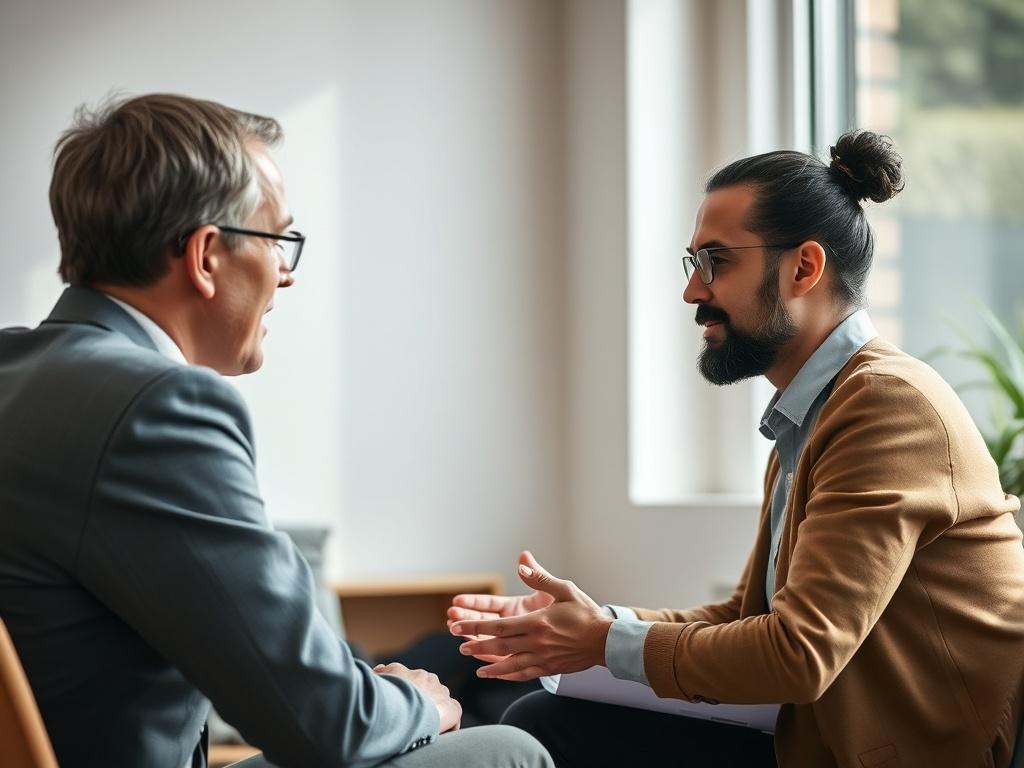 An image of a leader and team member engaged in a focused coaching session. The setting should convey professionalism and trust, with a clear atmosphere of collaboration. Use soft tones and natural light to create a comfortable environment, emphasizing the importance of mentorship.