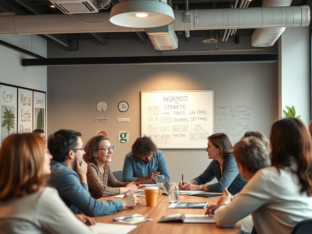 A vibrant group workshop setting where individuals are actively engaged in a discussion. The atmosphere should be dynamic and positive, with participants sharing ideas and collaborating. Use soft lighting to create a warm environment, with a backdrop of motivational visuals or a whiteboard filled with brainstorming ideas.