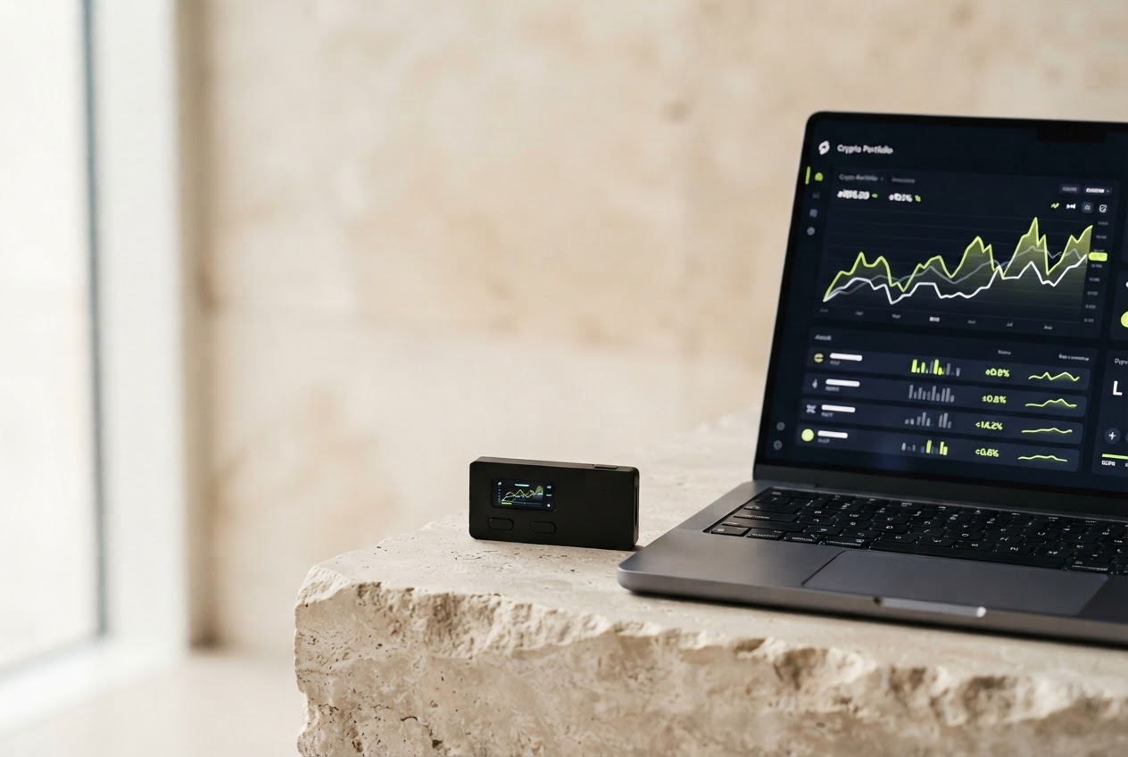 Trezor hardware wallet beside a laptop displaying a crypto portfolio