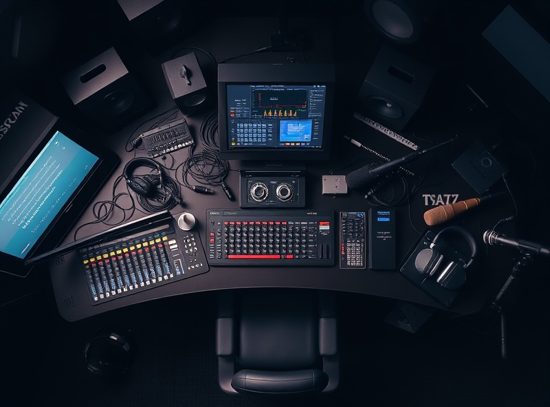 Professional recording studio workspace with mixing desk and equipment