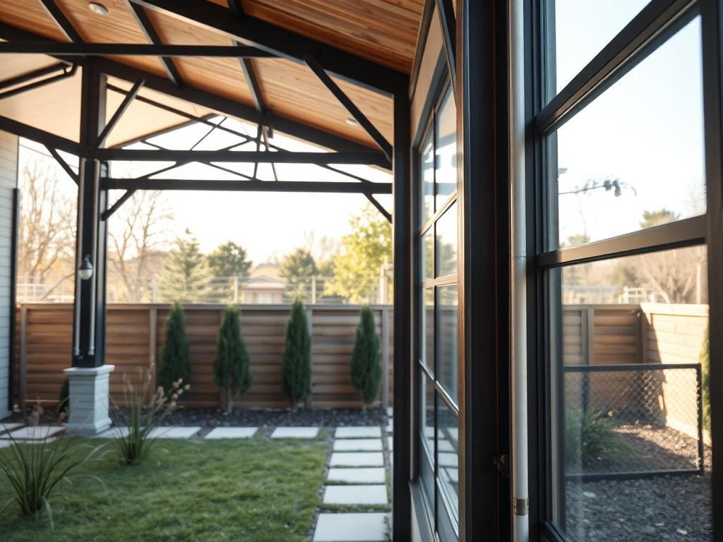 A detailed close-up of a beautifully finished residential steel structure, showcasing artistic design elements. The image highlights the integration of steel beams into a modern home setting, with natural light streaming through large windows. The background features a landscaped garden, adding a touch of nature to the industrial aesthetic. Shot with a 45mm f/1.2 lens, the image emphasizes the craftsmanship and quality of the steel installation, creating a warm and inviting atmosphere.