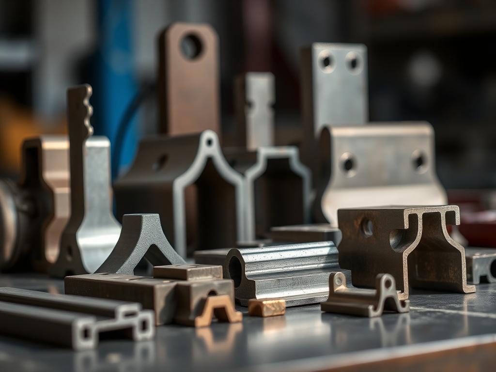 A focused shot of custom steel components designed for unique architectural applications. The image showcases various steel shapes and sizes, carefully arranged to highlight their versatility. Each component reflects precision engineering, and the background is softly blurred to keep the focus on the steel products. The lighting accentuates the details of the steel textures, making it appealing for potential clients looking for tailored solutions. This image is captured with a 45mm f/1.2 lens to create a st