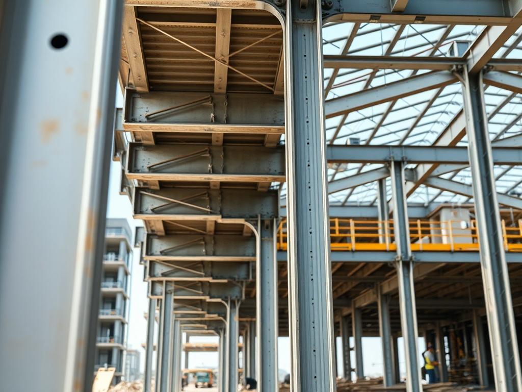 A close-up shot of a commercial structural steel framework under construction. The image captures the intricate details of steel beams and columns, showcasing their robust design and precision. The background features a partially completed building site, with construction workers in safety gear. The lighting highlights the steel's reflective surface, emphasizing quality workmanship. The photo is shot with a 45mm f/1.2 lens to create a shallow depth of field, blurring the background slightly to focus on the