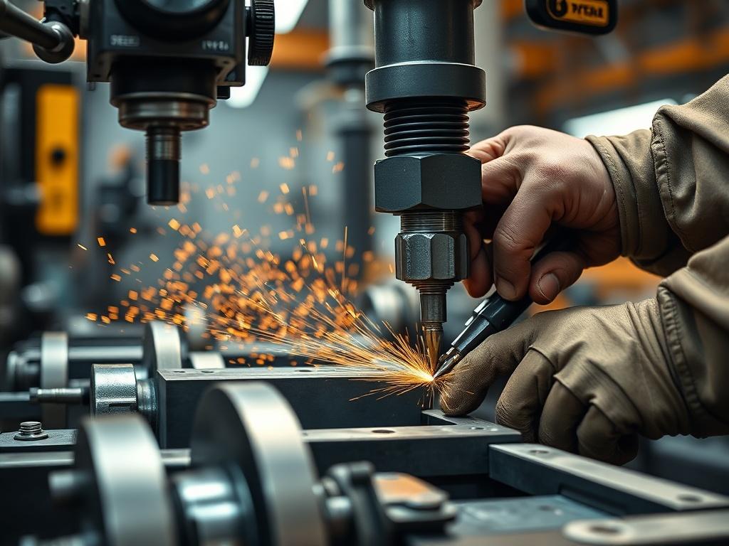 An intricate close-up of steel components being fabricated in a workshop setting. Show various tools and machines in action, with a focus on the precision and detail of the fabrication process. Highlight the quality of the materials used and the skilled hands of the craftsmen. The lighting should be bright and industrial, enhancing the textures of the steel. The rgb(191, 25, 34) color should be subtly integrated into the machinery or tools to create a cohesive visual theme.