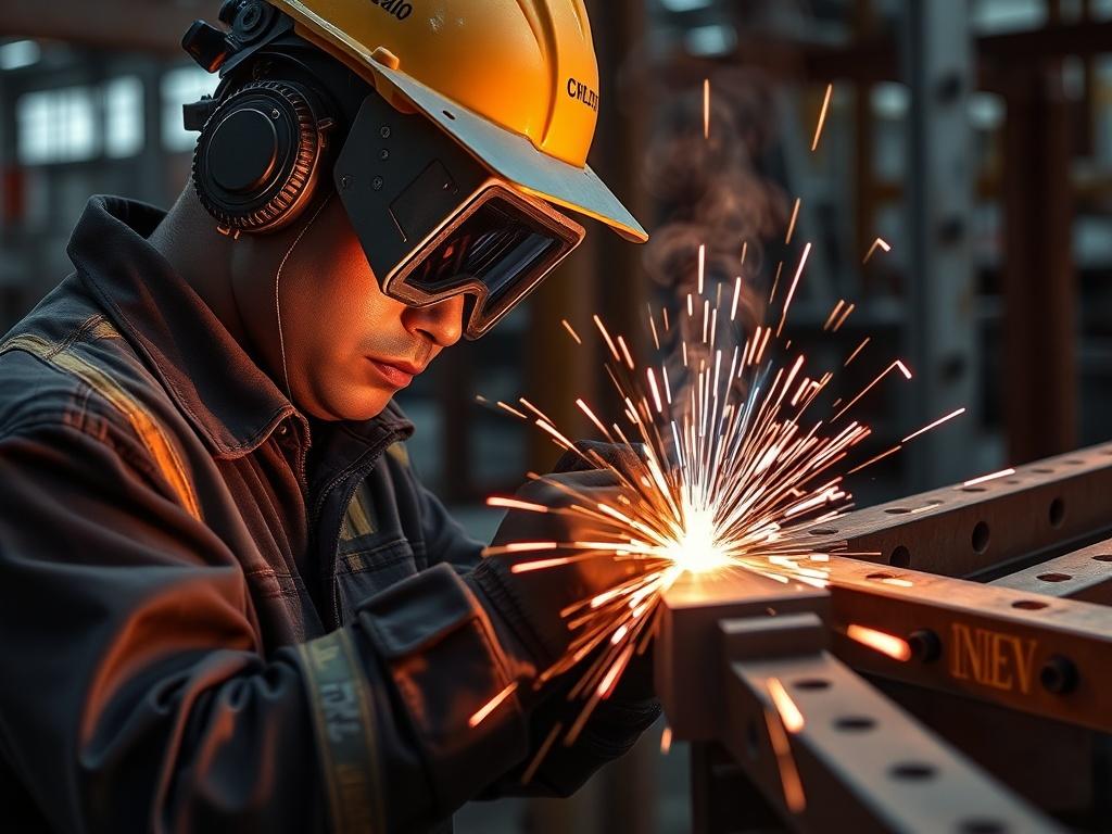 A high-resolution image of a skilled welder performing field welding on a steel framework. The welder should be focused and wearing appropriate safety gear, with sparks flying from the welding torch. The background should depict a construction site with steel components, adding context to the scene. The image should capture the dynamic energy of the welding process, emphasizing the quality of workmanship associated with OnSite Solutions. The color scheme should subtly incorporate the rgb(191, 25, 34) theme.