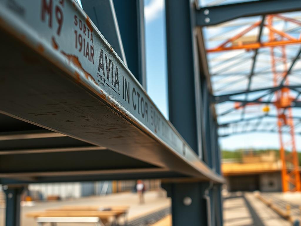 A stunning close-up shot of a custom steel structure under natural light, showcasing the precision of the welds and craftsmanship. The steel beams should be prominently featured, highlighting their robust design. The background should be slightly blurred to emphasize the structure itself, with a hint of a construction site visible in the distance. The overall color palette should resonate with a professional industrial feel, using the rgb(191, 25, 34) color scheme subtly in the scene.