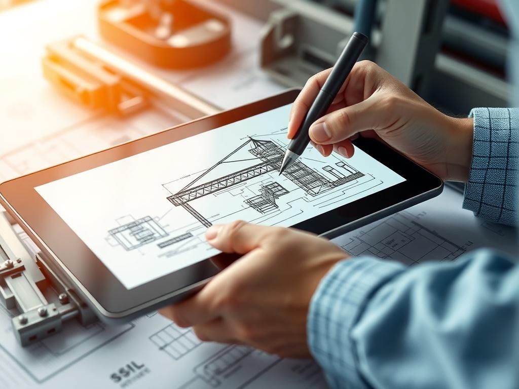 A hyper-realistic close-up shot of a designer sketching a custom steel structure on a digital tablet. The background features blueprints and steel components, emphasizing creativity and innovation in the design process. The image captures the excitement of transforming ideas into practical steel solutions.