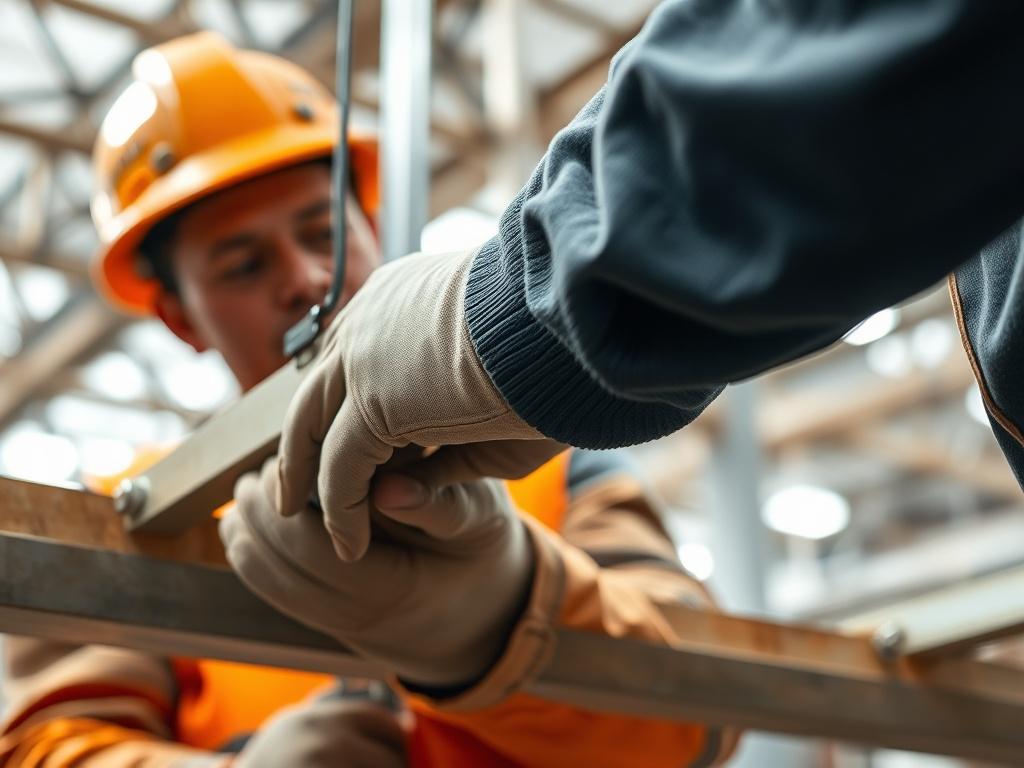 A high-resolution close-up shot of a skilled worker installing structural components, showcasing the precision and quality of craftsmanship. The background features a well-lit construction site, emphasizing safety and professionalism. The focus is sharp on the worker's hands and tools, capturing the details of the materials used.