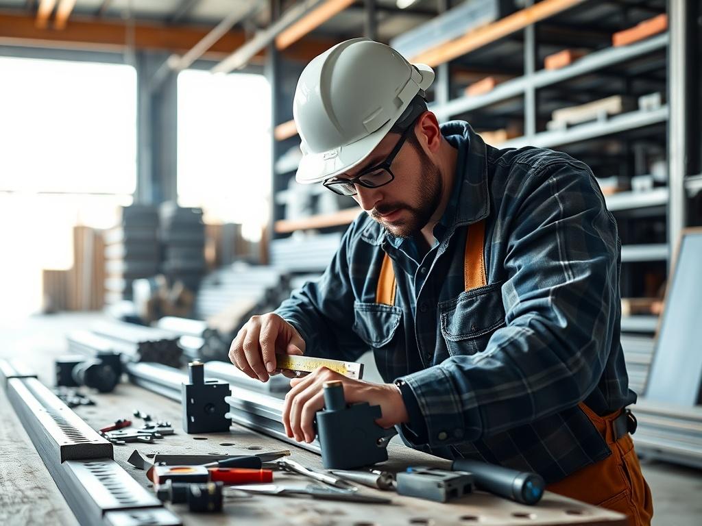 A realistic high-resolution photo of a professional contractor in a workshop, examining and measuring structural steel components. The contractor appears focused and engaged, with tools scattered on the workbench. The background should be a well-lit steel fabrication workshop with shelves of steel materials and equipment. The composition should highlight the contractor and the intricate steel components, capturing the essence of high-quality craftsmanship in structural projects.