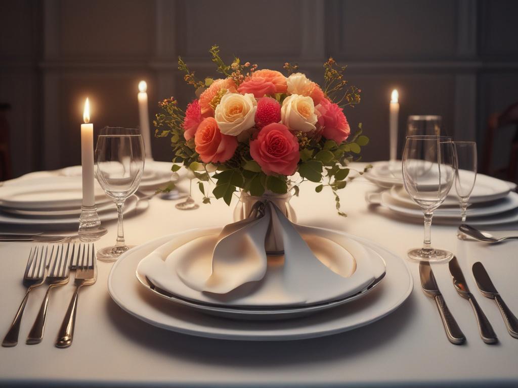 An elegantly set dinner table for two, with fine dining