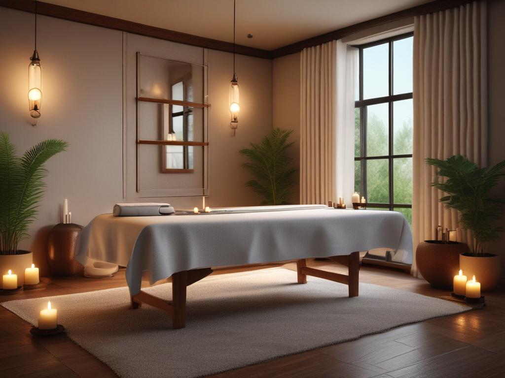 A serene setting featuring a luxurious massage table adorned with