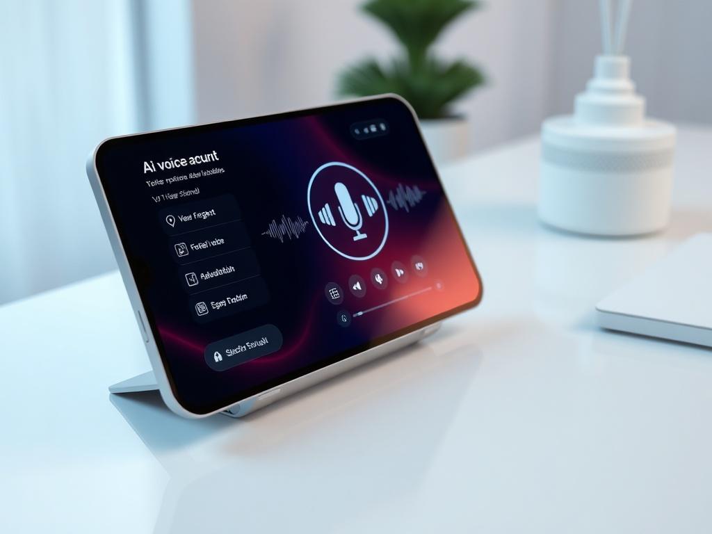 A hyper-realistic close-up shot of an AI voice agent interface displayed on a sleek, modern device. The device should be placed on a clean, minimalistic workspace with soft lighting that highlights the screen's vibrant colors. The background should be subtly blurred, focusing on the device, which features a user-friendly interface showing voice interaction options and visual sound waves. The overall composition should convey a sense of advanced technology and innovation.