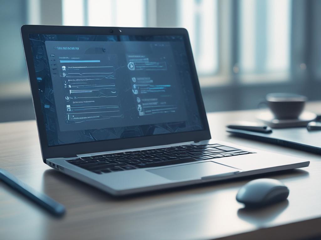 A realistic high-resolution image of a laptop displaying a web scraping tool on a screen. The background should feature a modern workspace with cool-toned shades of rich blues and soft grays, creating a professional atmosphere. The laptop should be the focal point, showcasing code and job listings on the screen.