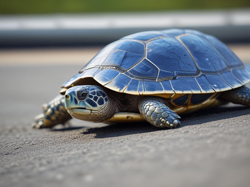 A realistic high-resolution photo of a colorful turtle on a racetrack, showcasing a vibrant and lively environment. The background should include a soft gradient of cool tones, blending rich blues and soft grays to create a calming atmosphere. The focus should be on the turtle, which is animated in motion, symbolizing speed and excitement in a playful race. The composition should be simple and clear, emphasizing the turtle as the main subject.