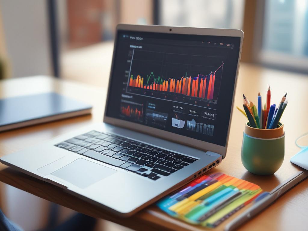 A close-up shot of a laptop displaying colorful graphs and charts on a desk, set in a modern workspace with natural lighting.