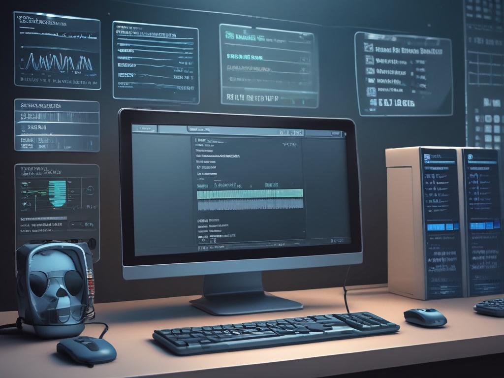 A realistic high-resolution photo of a computer monitor displaying a Python console application with a simple investment calculator interface. The background should be a cool-toned environment featuring shades of rich blues and soft grays, with a focus on the monitor screen. The image should capture the essence of programming and financial planning, emphasizing the clarity of the application interface.