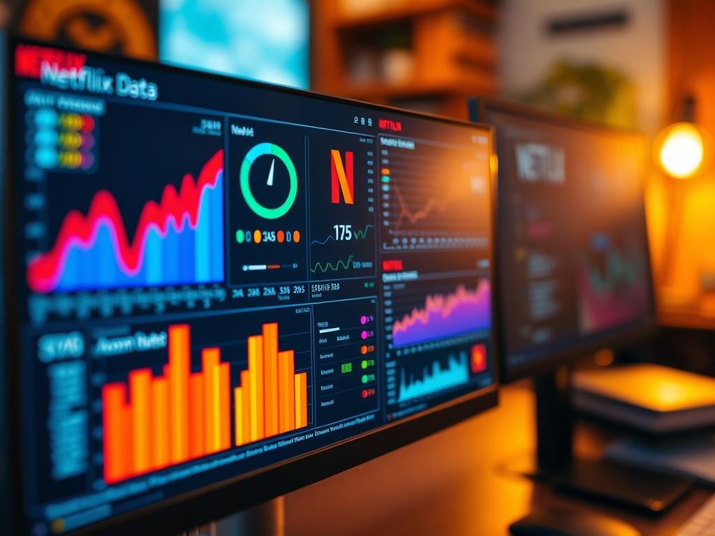 A close-up shot of a computer screen displaying colorful graphs and charts related to Netflix movie data analysis. The background should be blurred, focusing on the screen, with a warm and inviting workspace ambiance. The image should be high-resolution and rendered in hyper-realistic style, capturing the essence of data exploration.