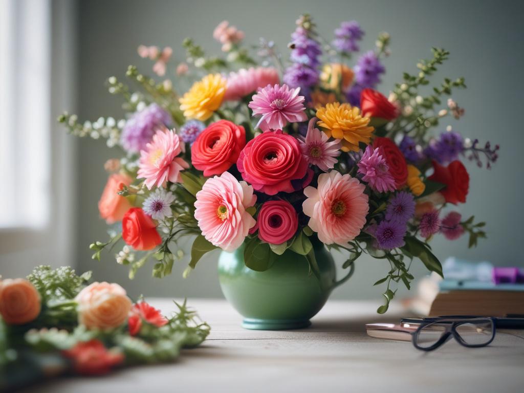 A high-resolution close-up shot of a beautifully arranged bouquet of flowers showcasing vibrant colors, with a soft-focus background of a stylish workspace. The image should be rendered in hyper-realistic style, highlighting the intricate details of the flowers while maintaining a clean and simple composition.