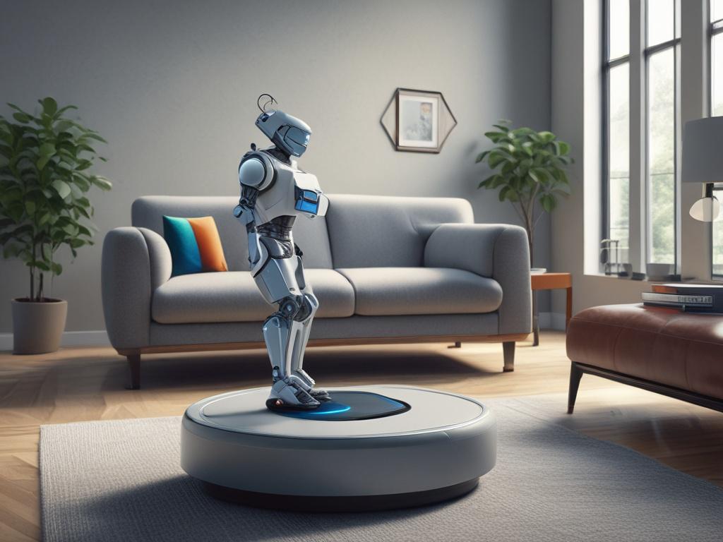 A realistic high-resolution image of a room-cleaning robot in action, navigating a modern living room with sleek furniture and hardwood floors. The robot should be shown moving around obstacles like a coffee table and a chair, with soft gray walls and a window allowing natural light to illuminate the scene. The overall color palette should feature cool tones, incorporating shades of rich blues and soft grays, aligning with a modern home aesthetic.