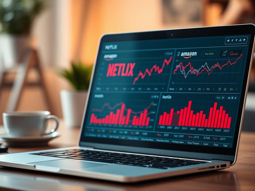 A clear and focused close-up shot of a laptop screen displaying dynamic graphs and charts representing Netflix and Amazon stock data analytics. The background is softly blurred to emphasize the laptop, showcasing a modern workspace with a hint of technology, such as a smartphone and a cup of coffee. The color palette includes vibrant reds, incorporating the rgb(245, 77, 77) primary color subtly in the graph elements.