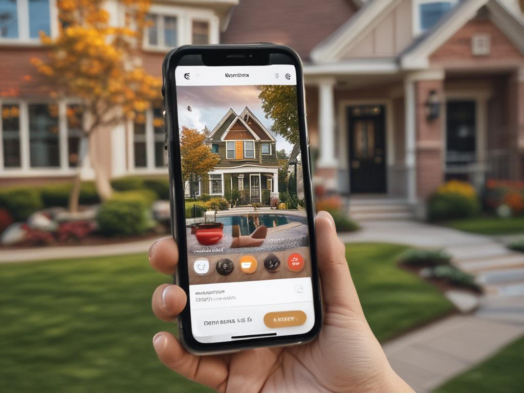 A hyper-realistic close-up shot of a beautifully designed Instagram post on a smartphone screen. The post features a stunning real estate property with vibrant colors and engaging text overlays, showcasing the unique features of the property. The background is softly blurred to emphasize the smartphone and the post itself, with a warm, inviting atmosphere that suggests a stylish modern home. The color scheme incorporates shades of red and white, aligning with a modern aesthetic.