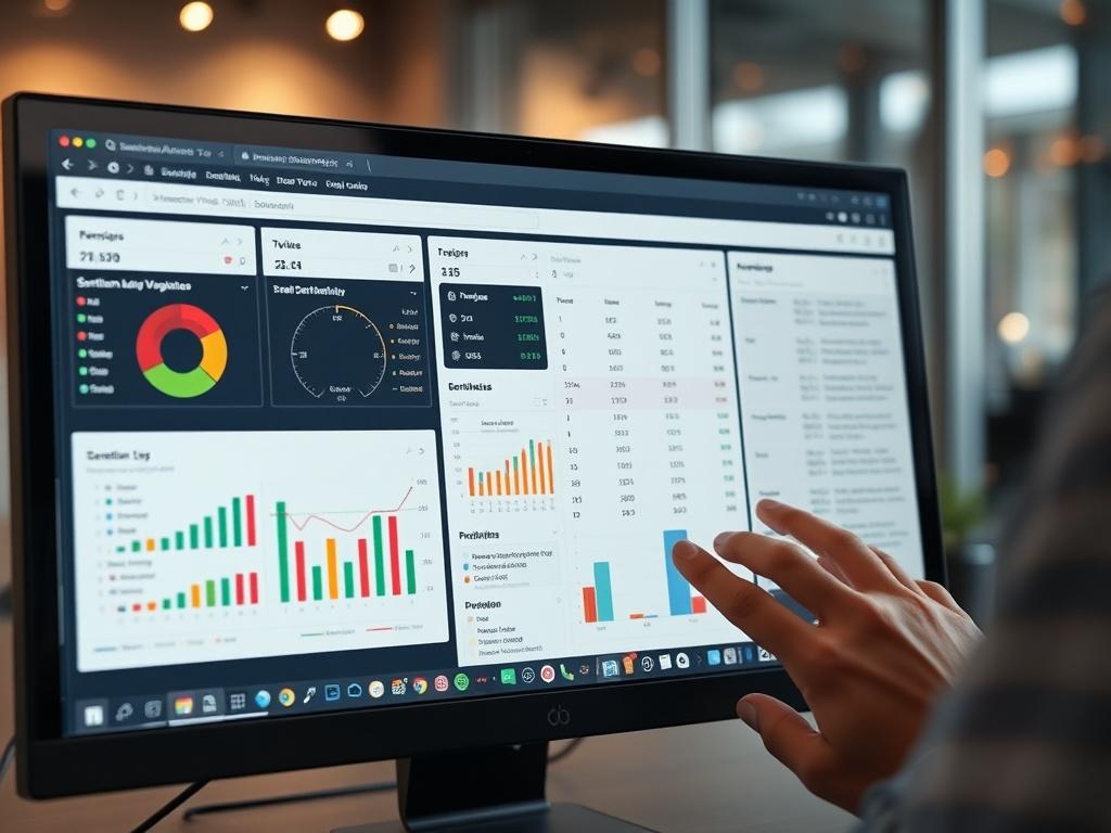 A hyper-realistic close-up shot of a computer screen displaying the SentimentScope web app interface. The screen shows interactive visualizations and sentiment analysis tables, with colorful graphs and user-friendly filters. The background features a modern workspace with soft lighting to emphasize the tech environment. The image should have a focus on the screen and the hands of a user engaging with the app, shot with a 45mm f/1.2 lens style.