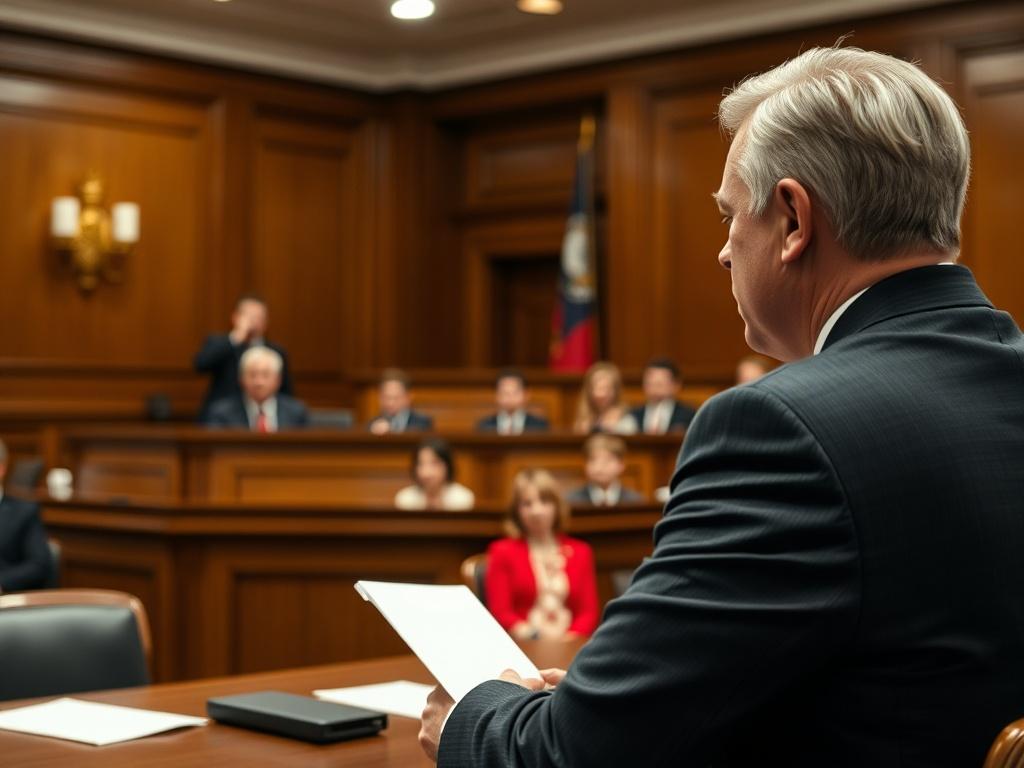 A realistic close up of a courtroom scene, focusing on