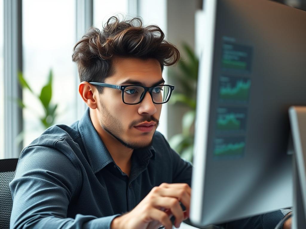 A close-up shot of a focused individual working on a computer in a modern office environment. The subject is engaged in user experience testing, analyzing data on the screen with a thoughtful expression. The background is clean and uncluttered, emphasizing a professional atmosphere. The lighting is bright and inviting, with a touch of greenery in the background to add warmth. The image should evoke a sense of concentration and dedication to quality.