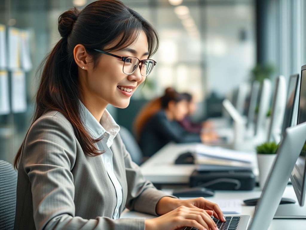 A realistic high-resolution close-up photo of a professional administrative assistant working at a desk, focusing on a confident and skilled individual. The background should be a modern office setting with a clean and organized workspace. The subject should be Asian descent, portraying a friendly and approachable demeanor, dressed in professional attire. The lighting should be bright and inviting, capturing the essence of a busy yet efficient work environment.