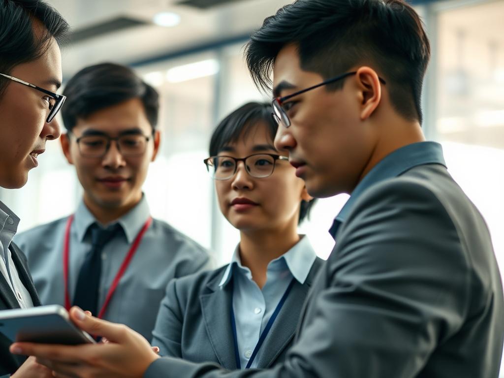 A close-up shot of a professional Asian person in a modern office setting, focusing on a technical assistant role. The individual is engaged in a discussion with colleagues, surrounded by technology and digital devices. The background should be a sleek, contemporary office with soft lighting, conveying a sense of teamwork and innovation. The image should emphasize professionalism and a collaborative atmosphere.