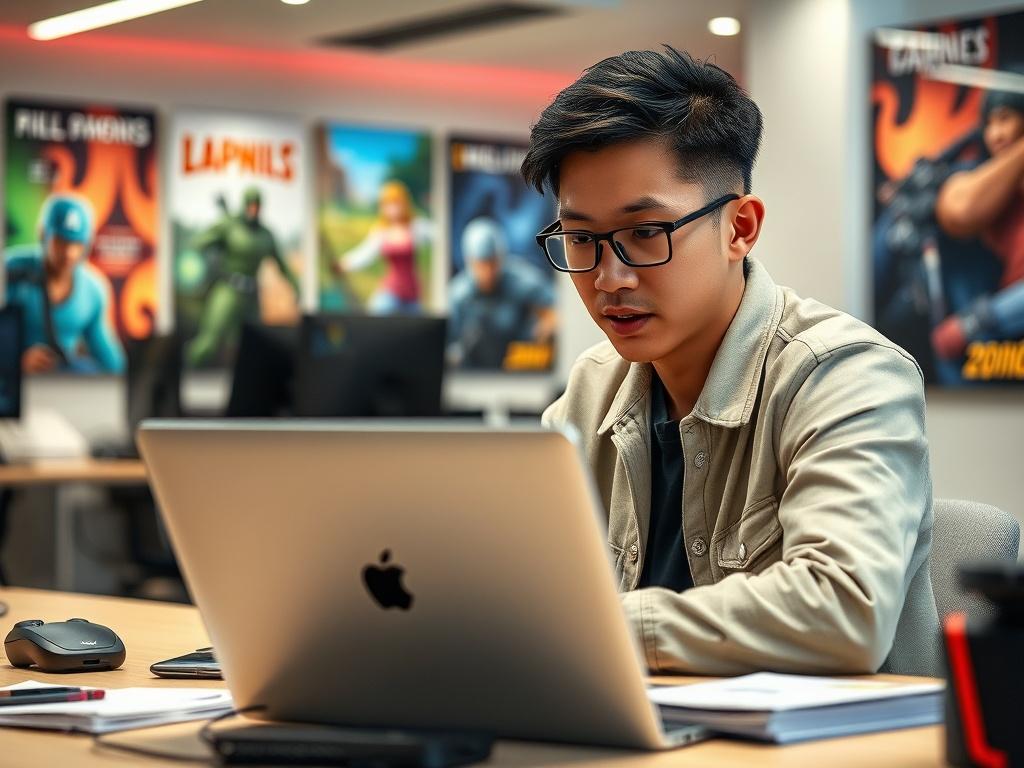 A realistic high-resolution photo of a focused young professional working at a desk with gaming-related materials around. The subject is a Chinese male in his late 20s, wearing casual attire, engaged in a discussion over a laptop. The background is a modern office setting with colorful game posters on the walls and a bright, inviting atmosphere. The composition is clear and simple, showcasing the individual in an active work environment.