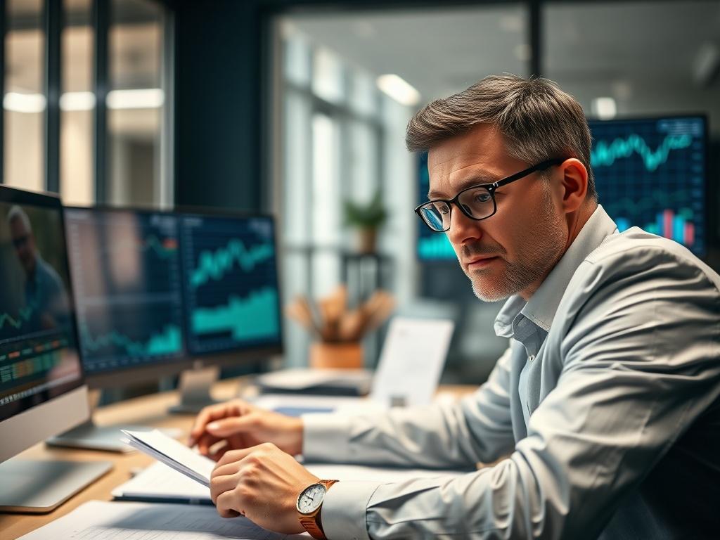 A focused portrait of a risk management specialist in a modern office environment, showcasing a professional demeanor. The individual appears engaged while reviewing documents on a desk, with financial charts and data analysis on a computer screen in the background. The lighting is bright, emphasizing a sense of clarity and professionalism. The photo is rendered in high resolution, using a close-up shot to capture the details.