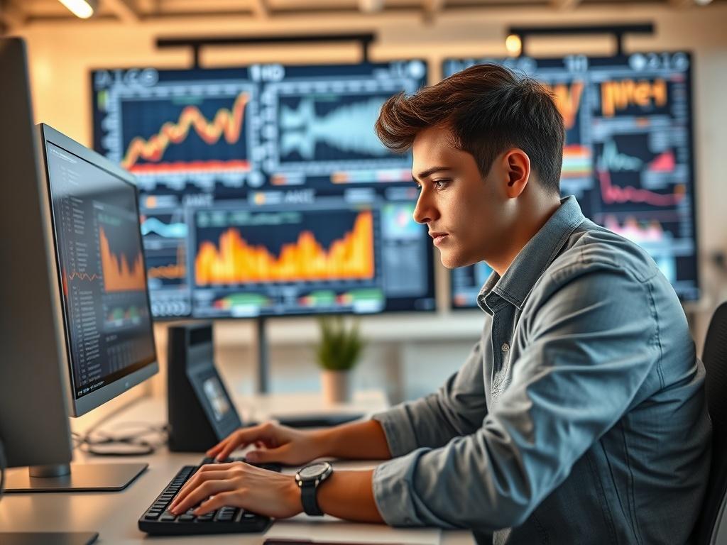 A close-up shot of a data developer working on a computer, focused on analyzing data. The background shows charts and graphs on a large screen, symbolizing data analysis. The setting is modern and bright, with a clear desk and a few technical gadgets around. The subject is a young professional, wearing casual clothes, deeply engaged in their work. The lighting is warm and inviting, highlighting the concentration on their face.