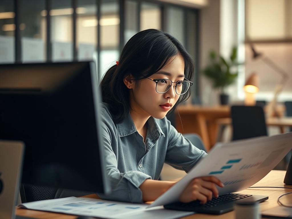 A realistic high-resolution photo of a young Asian professional woman working at a computer in an office setting, focused on her tasks. She is surrounded by planning documents and charts, exuding a sense of creativity and determination. The composition should be simple and clear, with a modern office background and warm lighting to convey a productive atmosphere.