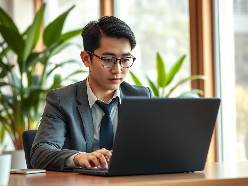 A close-up shot of a professional-looking individual sitting at a desk, engaged in work on a laptop. The background is a bright, modern office environment with plants and large windows allowing natural light. The individual is Asian, wearing business attire, and appears focused and productive. The image should have a hyper-realistic quality, with a shallow depth of field to emphasize the subject.