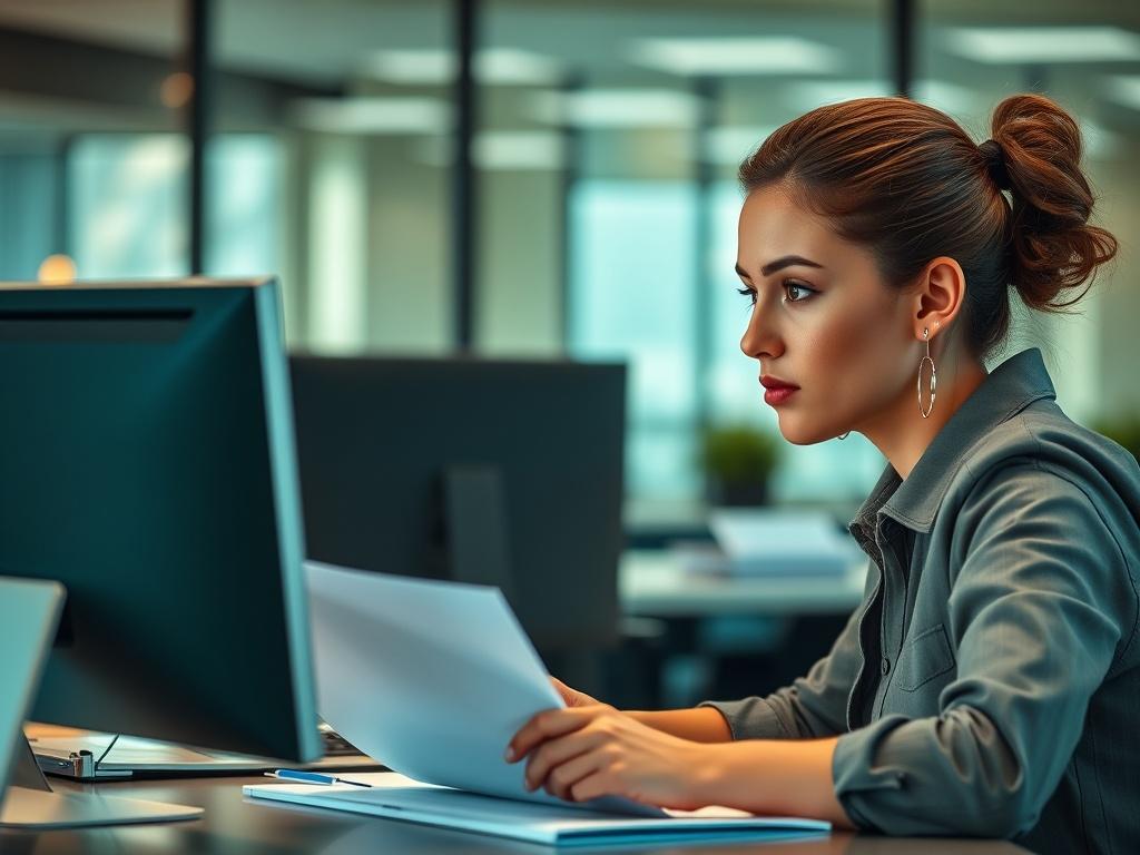 A close-up portrait of a professional female employee working at an office desk, surrounded by documents and a computer, with a focused expression. The background is a modern office environment with soft lighting, and the overall color scheme incorporates shades of green, reflecting the primary color rgb(50, 170, 39). The image should convey professionalism and a sense of teamwork.
