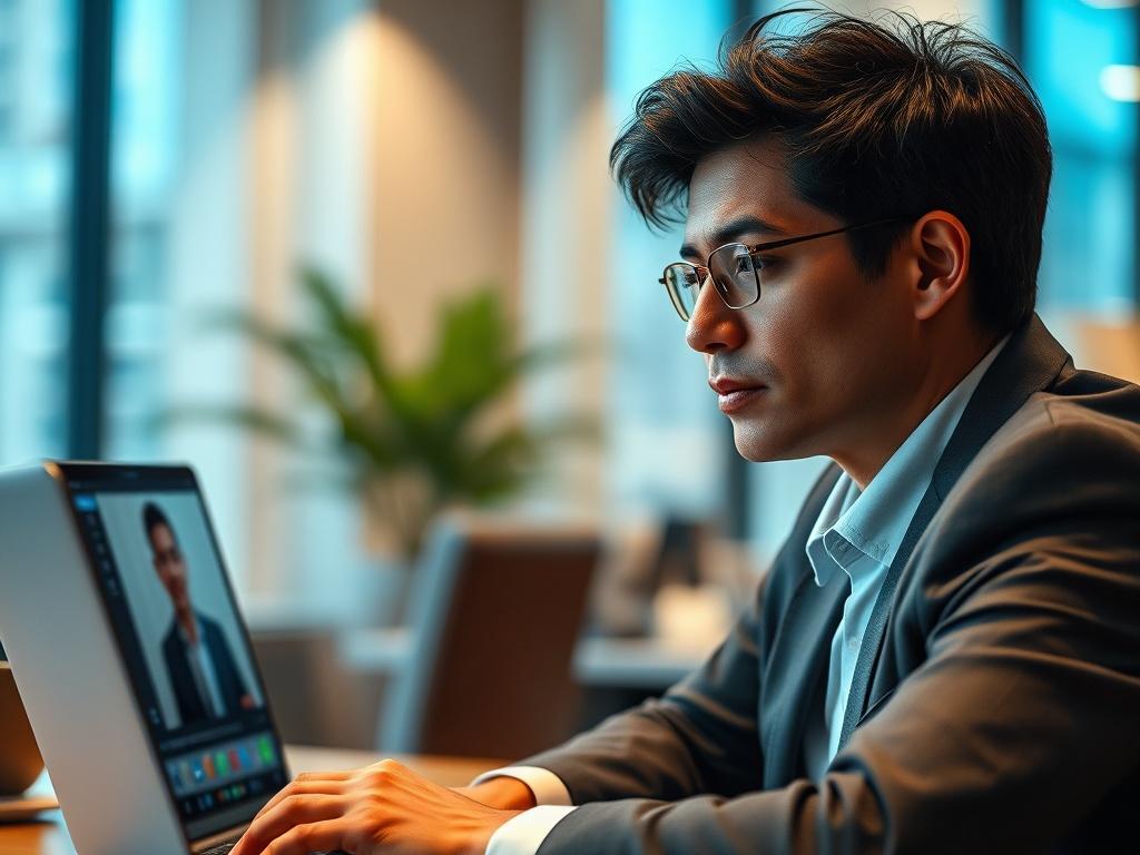 A close-up shot of a professional person engaged in a video interview, with a focused expression. The background should be a well-lit, modern office environment that conveys professionalism. The subject should be dressed in business attire, with a laptop in front of them, displaying a video call interface. Use hyper-realistic rendering to capture details like facial expressions and the ambiance of the workspace.