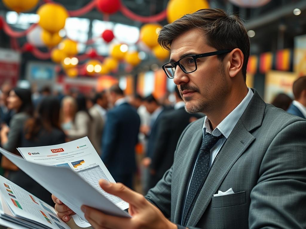 A close-up shot of an experienced event coordinator in action, surrounded by event planning materials such as schedules and promotional banners. The background is a vibrant event setting, showcasing colorful decorations and engaged attendees. The subject is focused and professional, wearing business attire, and demonstrating leadership qualities. The image should be rendered in hyper-realistic detail with emphasis on the subject's expressions and the lively atmosphere.