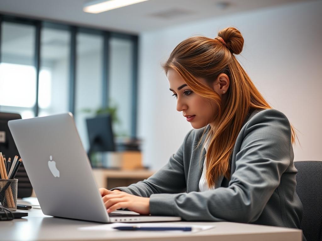 A close-up shot of a young female professional working on a laptop in a modern office environment. The scene should be well-lit with a focus on the individual's face, showing concentration and determination. The background should be simple and clean, highlighting a desk with a few office supplies. The color scheme should incorporate the primary color rgb(50, 170, 39). The image should evoke a sense of professionalism and opportunity.