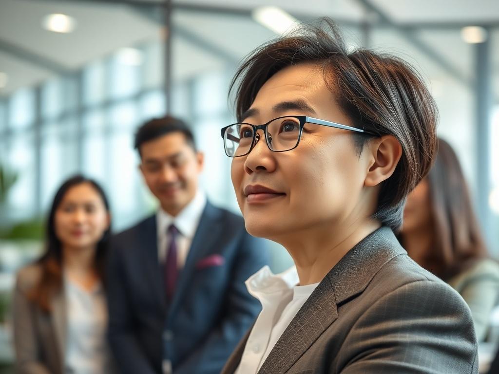A professional setting showcasing a confident Chinese team leader in a corporate environment, focusing on their leadership qualities. The individual is engaged in a discussion, with a background of a modern office. The lighting is bright and inviting, capturing the essence of teamwork and collaboration. The subject is the only person in the frame, with a clear emphasis on their expression and demeanor.