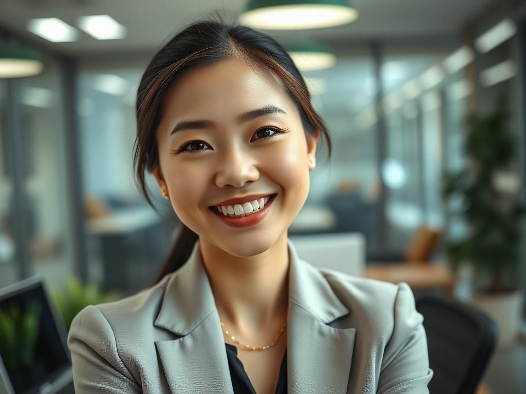 A close-up shot of a professional young Chinese woman, ideally in business attire, smiling confidently in an office environment, with a modern desk and a laptop in the background. The lighting is bright and inviting, emphasizing her positive demeanor. The color scheme should reflect the primary color rgb(50, 170, 39), with green elements subtly integrated into the office decor.