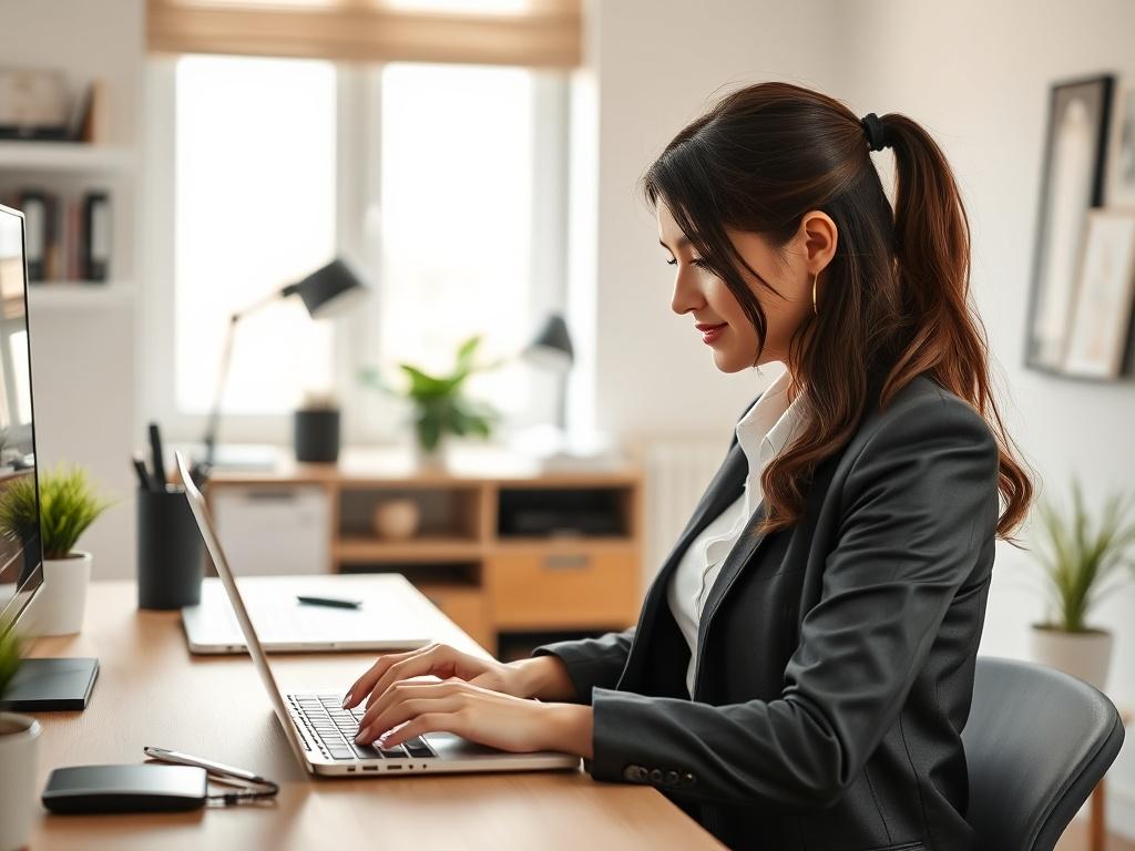 A realistic high-resolution close-up shot of a female administrative assistant working remotely from a modern home office. She is focused on her laptop, wearing business casual attire. The background includes a tidy desk with office supplies, a plant, and a soft natural light coming from a window. The image should reflect professionalism and a friendly atmosphere, shot with a 45mm f/1.2 lens.