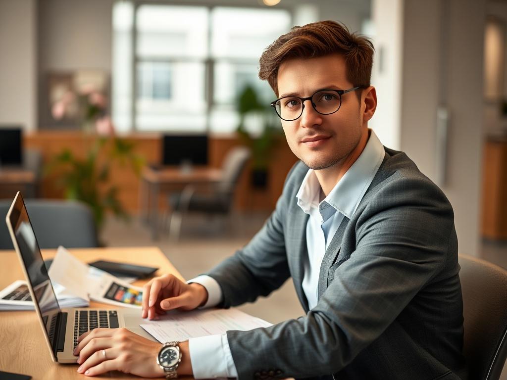 A professional and confident individual in a business setting, planning an event, with a focused expression. The subject is seated at a desk with a laptop open, surrounded by event planning materials like brochures and schedules. The background shows a modern office with soft natural lighting, emphasizing a productive work environment. The composition should focus closely on the subject to capture details of their expression and the tools they are using.
