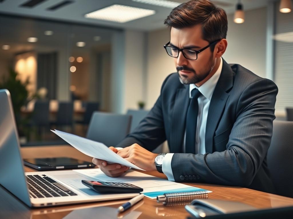 A highly detailed, hyper-realistic close-up shot of a professional financial officer working in an office. The officer is reviewing financial documents on a desk, with a calculator and a laptop open. The background is a modern office environment with soft lighting that creates a professional atmosphere. The focus is on the officer, showcasing their concentration and professionalism, captured with a 45mm f/1.2 lens.