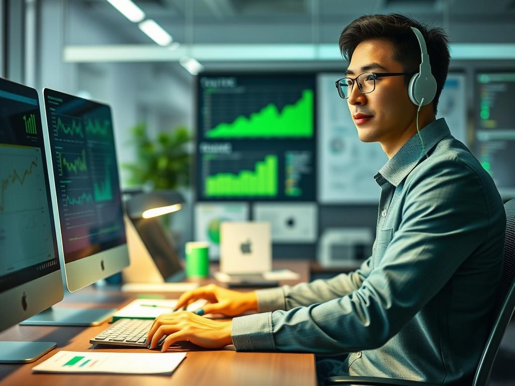 A close-up shot of a professional office setting with a focus on a confident foreign user operations specialist at their desk, engaging with a computer, surrounded by user data charts and communication tools. The background should be softly blurred to emphasize the subject, highlighting the vibrant green color theme.