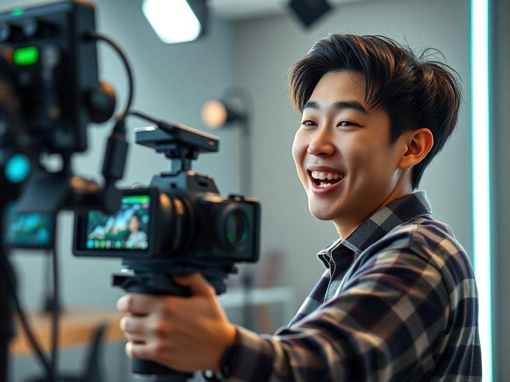 A realistic high-resolution photo of a young Asian person in a modern studio setting, engaged in live streaming with professional equipment. The background should be simple and focused on the subject, who is animatedly interacting with the camera, showcasing a vibrant and energetic atmosphere. The lighting should be bright, emphasizing the person's expressions and the professional setup around them, with RGB color scheme elements in green.