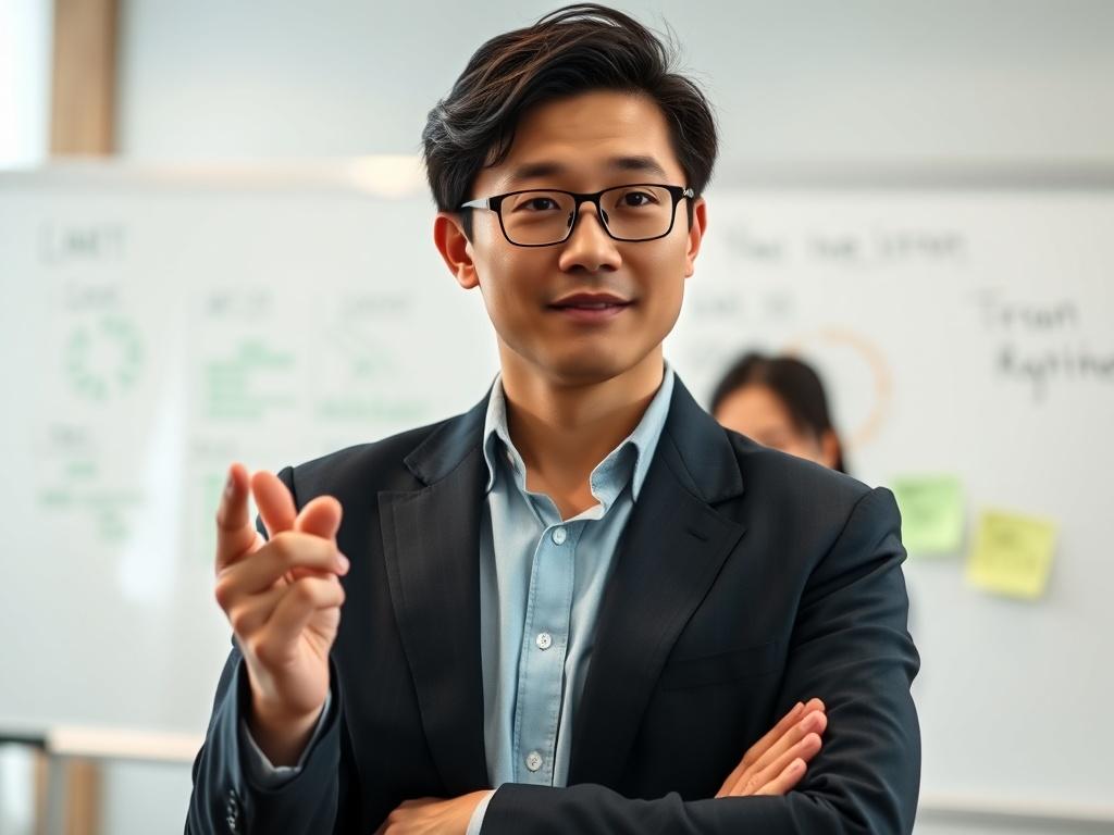 A close-up shot of a professional trainer presenting in a modern office environment. The subject is a confident Asian trainer standing in front of a whiteboard with training materials. The background is blurred to emphasize the trainer, and the color scheme features elements of green to match rgb(50, 170, 39). The photo is taken with a 45mm f/1.2 lens for a hyper-realistic effect.